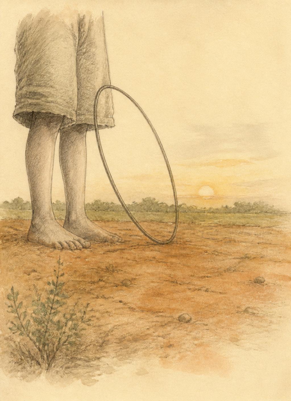 Pencil and watercolour sketch of bare feet standing on red dust earth beside a hand-bent wire hoop, with a low horizon and late afternoon sun behind