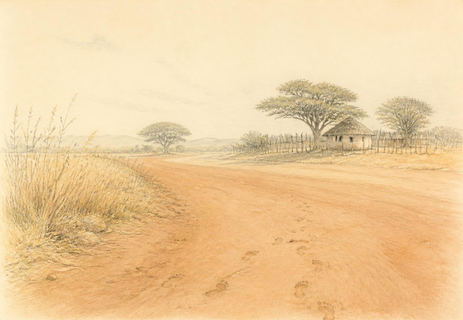 Pencil and watercolour illustration of a wide red dust road at the edge of a rural village in late afternoon, bare children's footprints crossing the packed earth, a thatched homestead and flat-topped trees in the distance