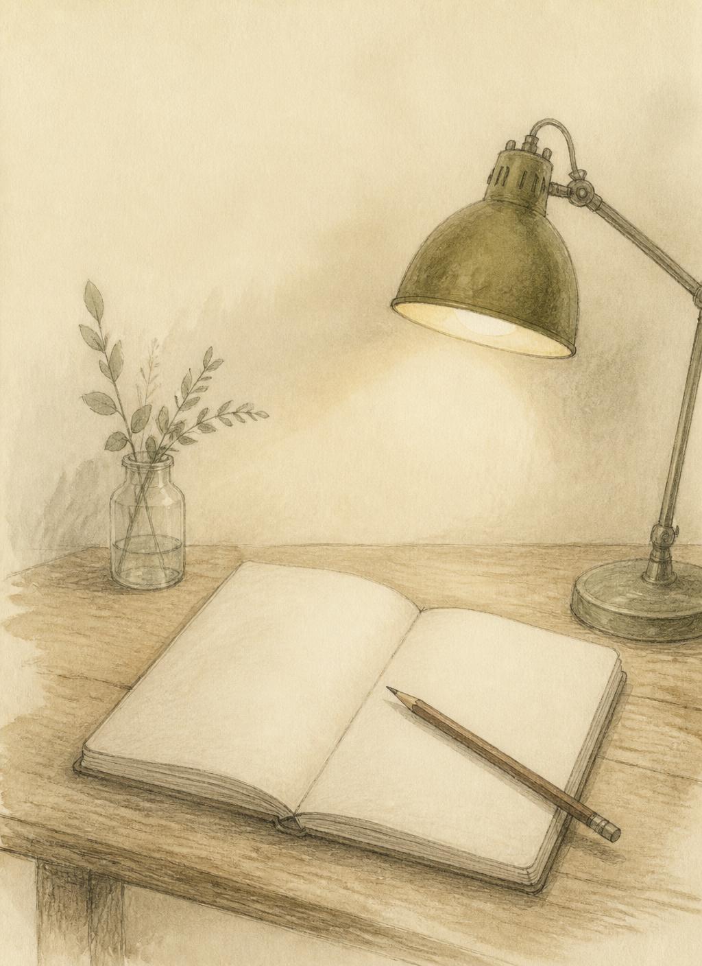 Pencil and watercolour sketch of an open notebook on a wooden table, a pencil resting across the page beneath a single lamp