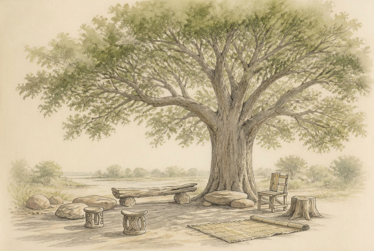 Pencil and watercolour illustration of a broad indigenous Mun'ando tree in full canopy, with a mismatched village gathering circle beneath it: carved low stools, a weathered log bench, tree stumps, smooth boulders and a woven reed mat laid on the swept earth