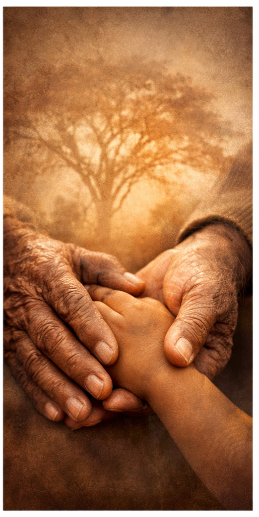Work-in-progress cover for Mun’ando: an elder's weathered hands gently cradling a child's hand, a single tree standing in soft golden light behind them