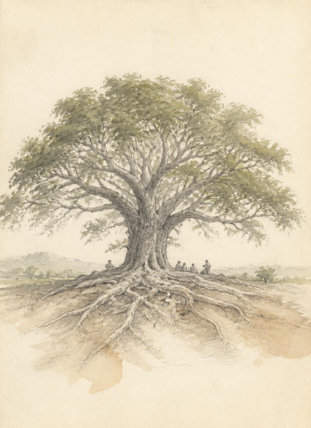 Graphite drawing of a broad indigenous tree with exposed roots, a few small figures gathered beneath its canopy