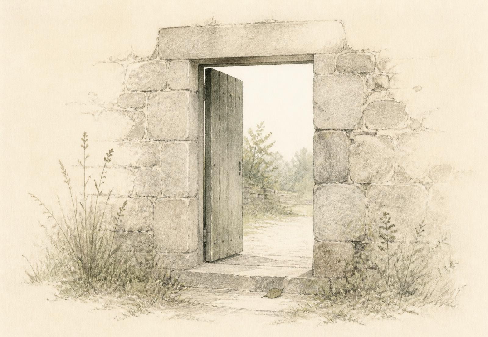 Pencil and watercolour illustration of an open wooden door in a weathered stone wall, daylight and grasses on the far side, one fallen leaf resting on the threshold