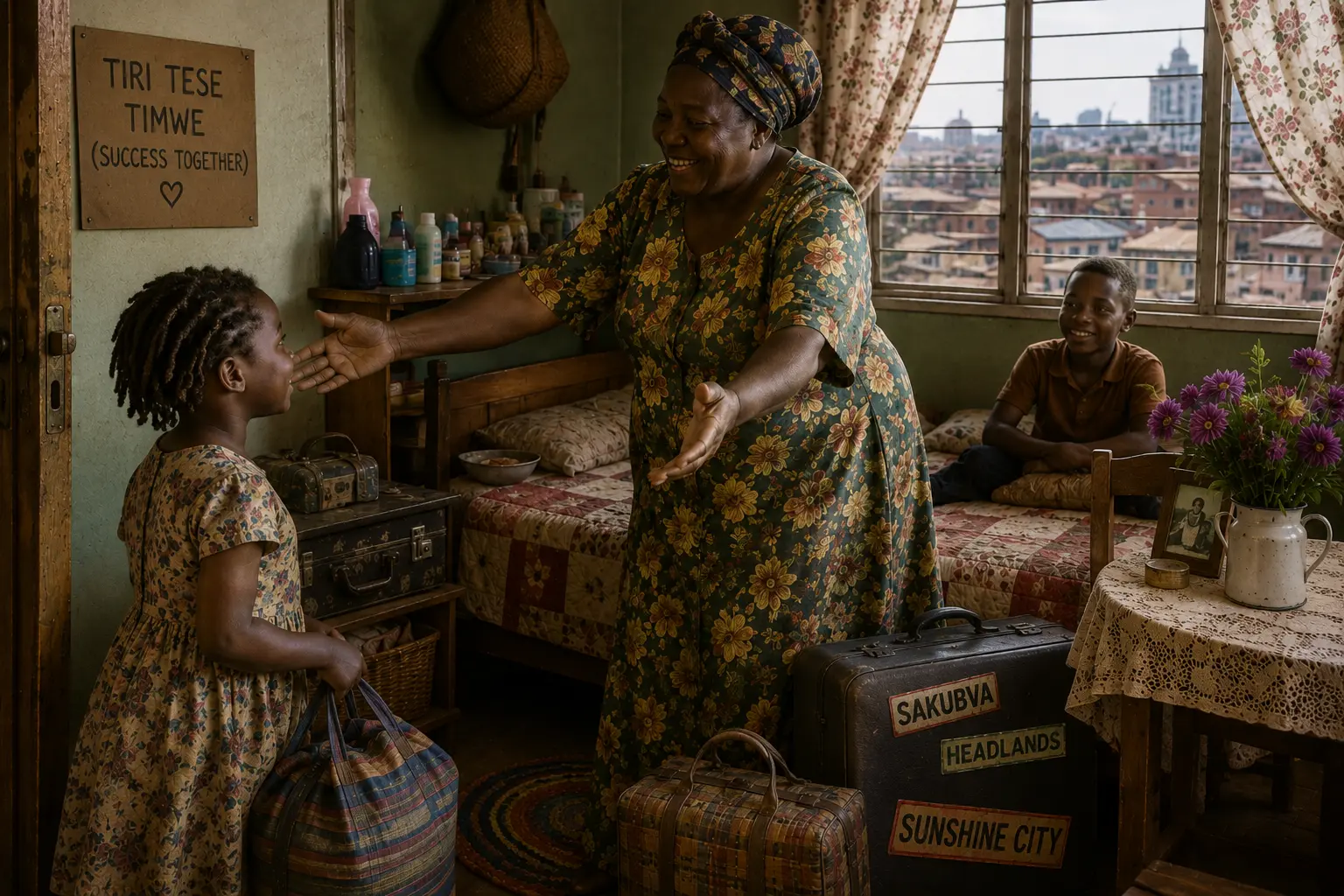 Auntie Sarah welcomes a young girl into her warm, carefully arranged one-room staff quarters.