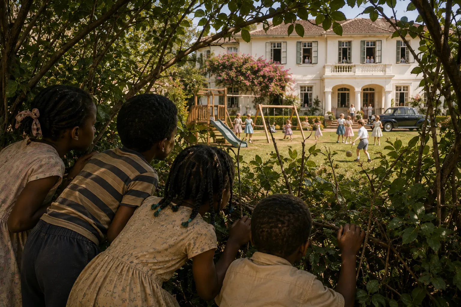 Children peer through dense shrubbery towards a large house where other children play with swings, toys and a ball.