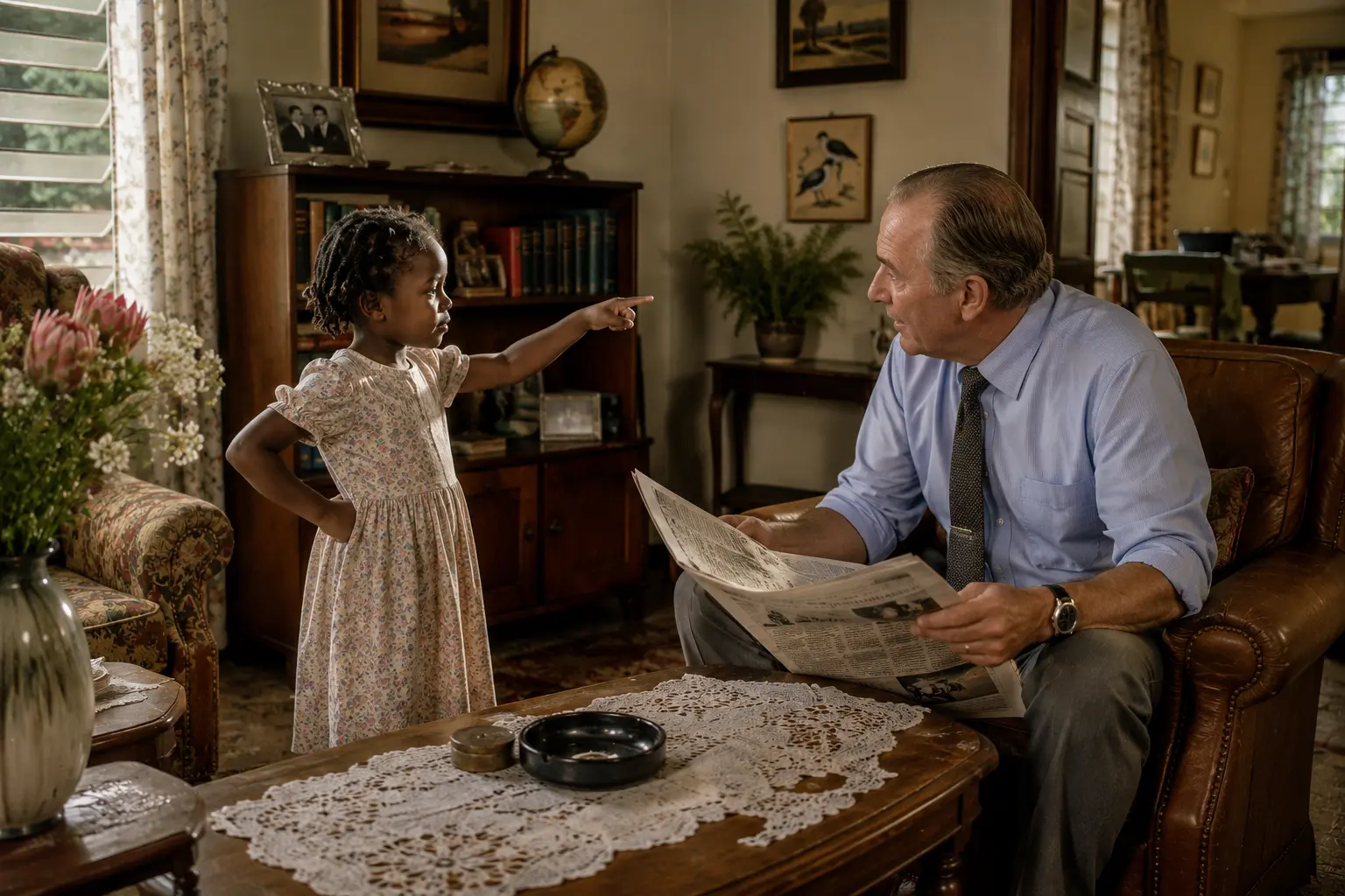 A small girl confidently summons Auntie Sarah's seated employer as he looks up from his newspaper.
