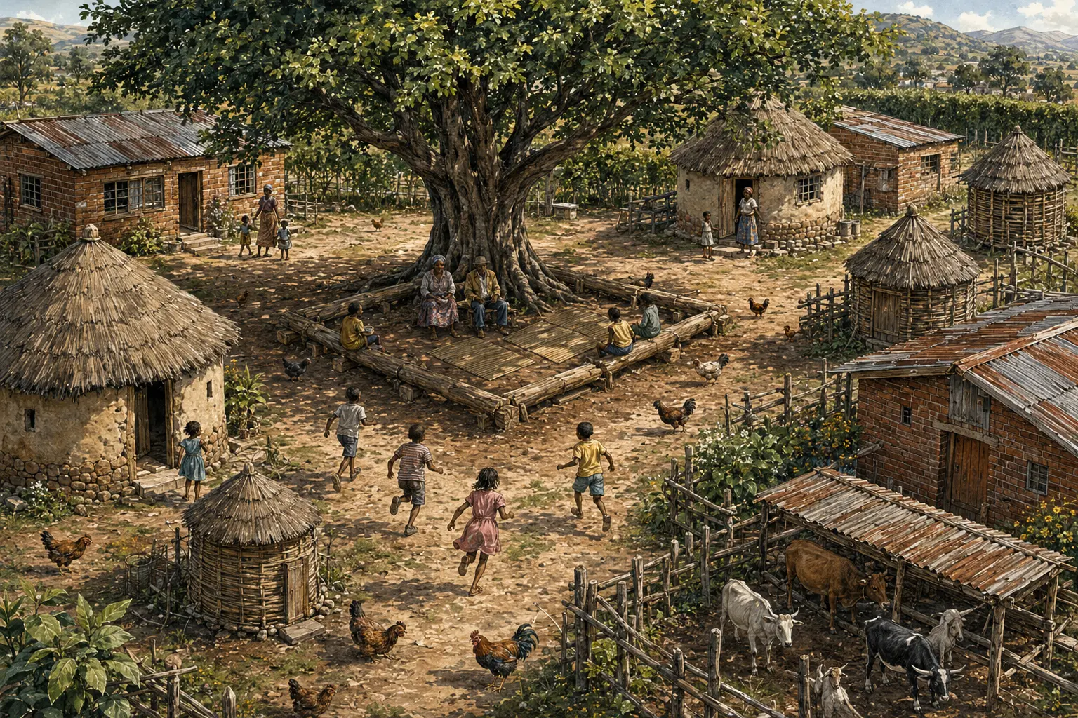 A large Mun'ando tree shades the bare-earth centre of a busy family compound, surrounded by homes, children, adults and livestock.