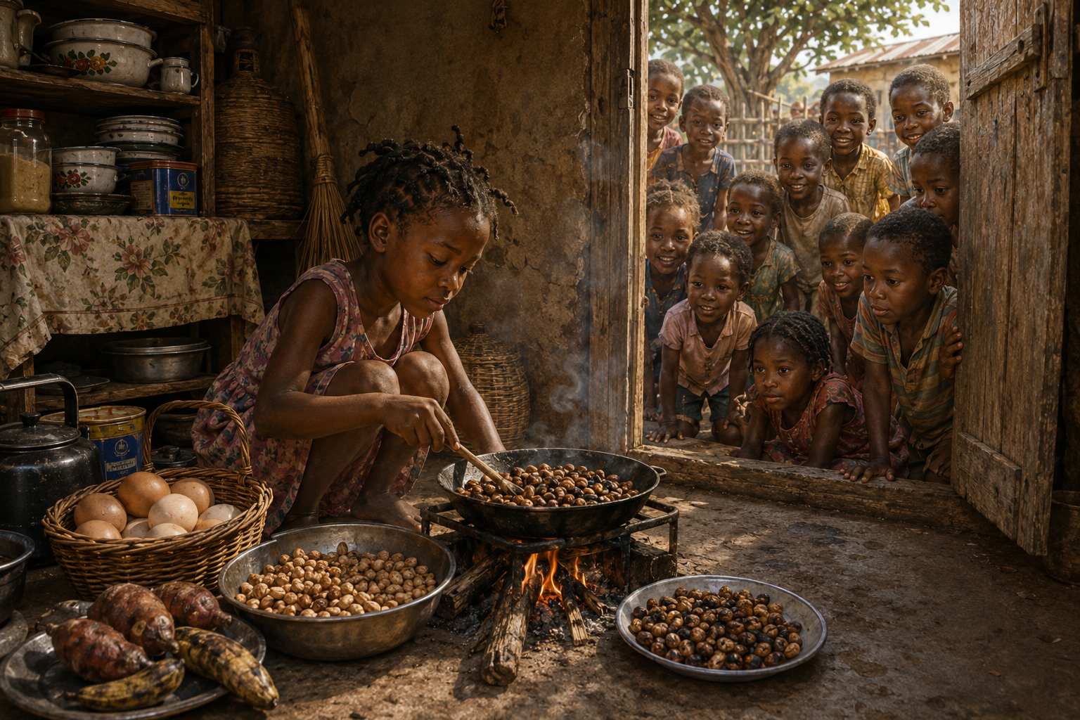 A young girl tends roasting nuts beside a cooking fire as curious children gather at the kitchen doorway.