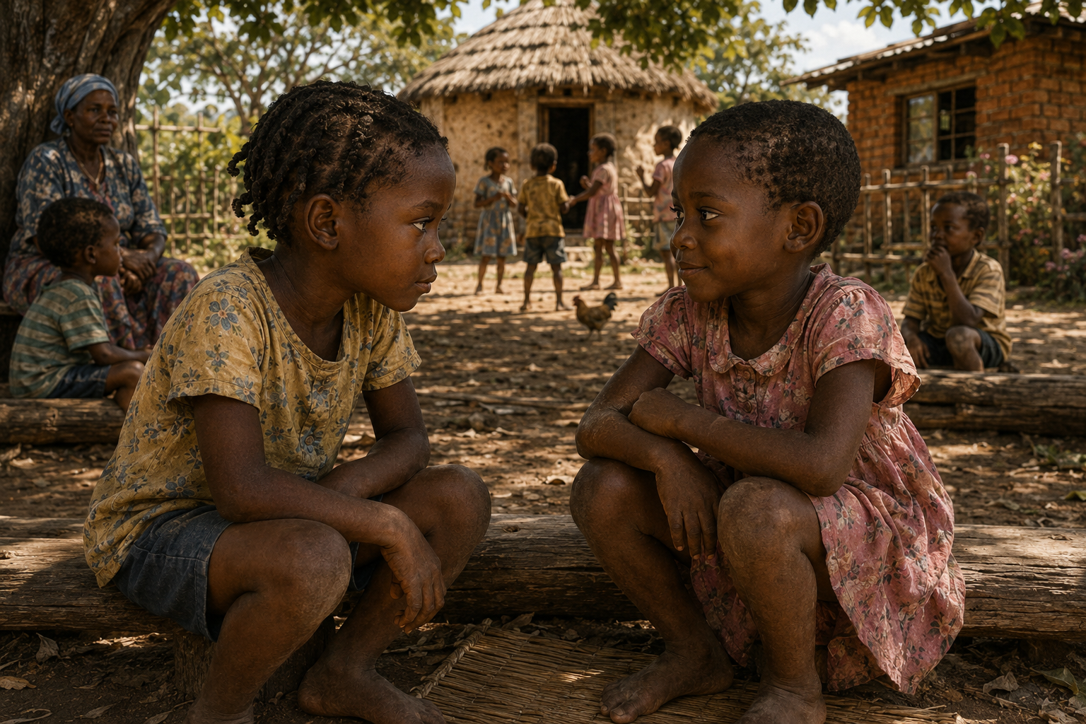 Two children sitting beneath a tree exchange a knowing look while everyday compound life continues around them.