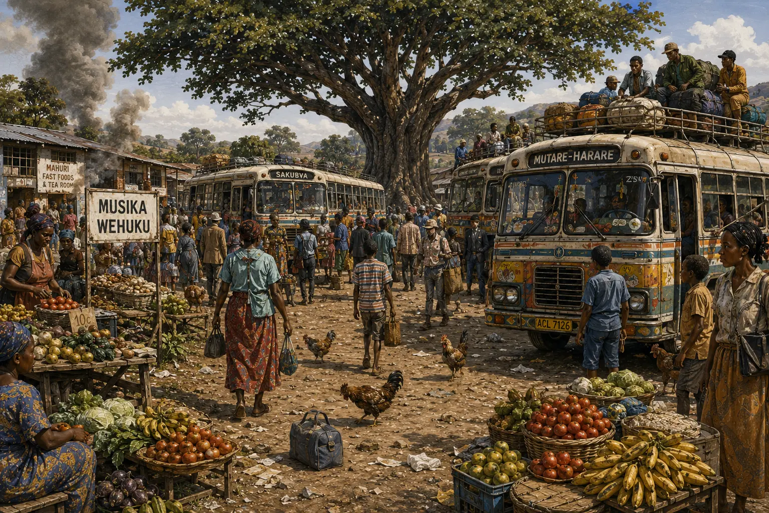 A bustling historic Sakubva bus terminus, known as Musika weHuku, filled with buses, travellers, traders, produce and luggage beneath the old fig tree.