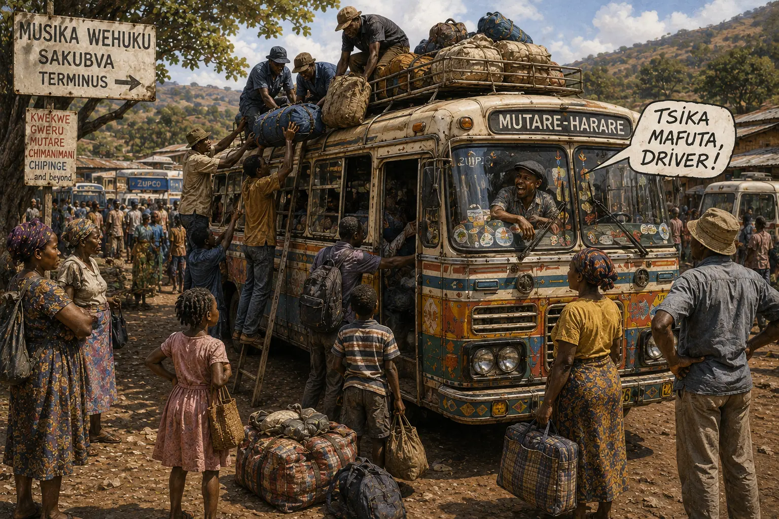 Travellers and luggage crowd around a period long-distance bus preparing for the journey from Mutare towards Harare.