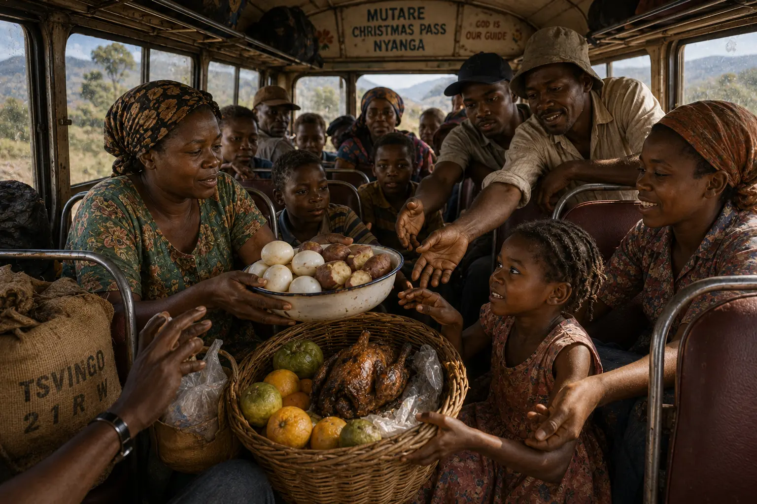 Passengers inside a crowded bus share eggs, fruit and other roadside food between many reaching hands.