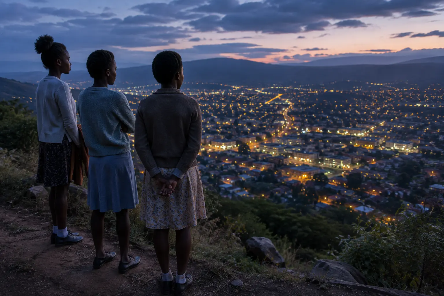Three teenage girls stand on Christmas Pass at dusk, looking across the lights of Mutare and the surrounding mountains.