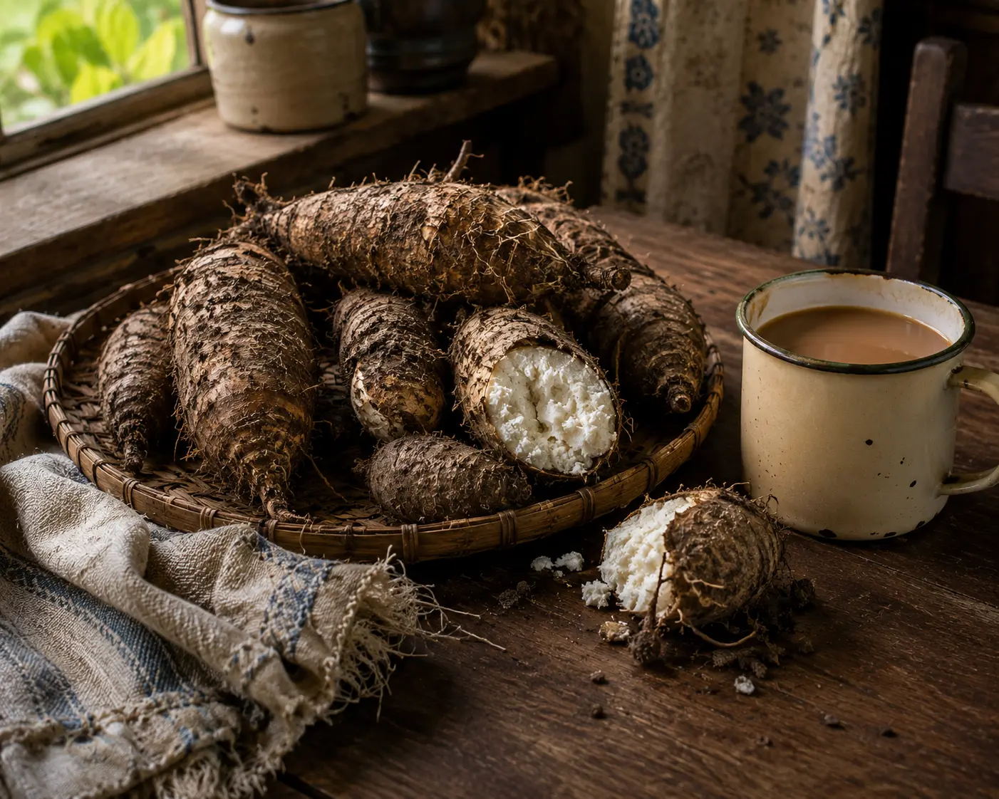 Freshly dug hairy madhumbe lie beside a cut tuber, a rustic basket and an enamel mug of tea.