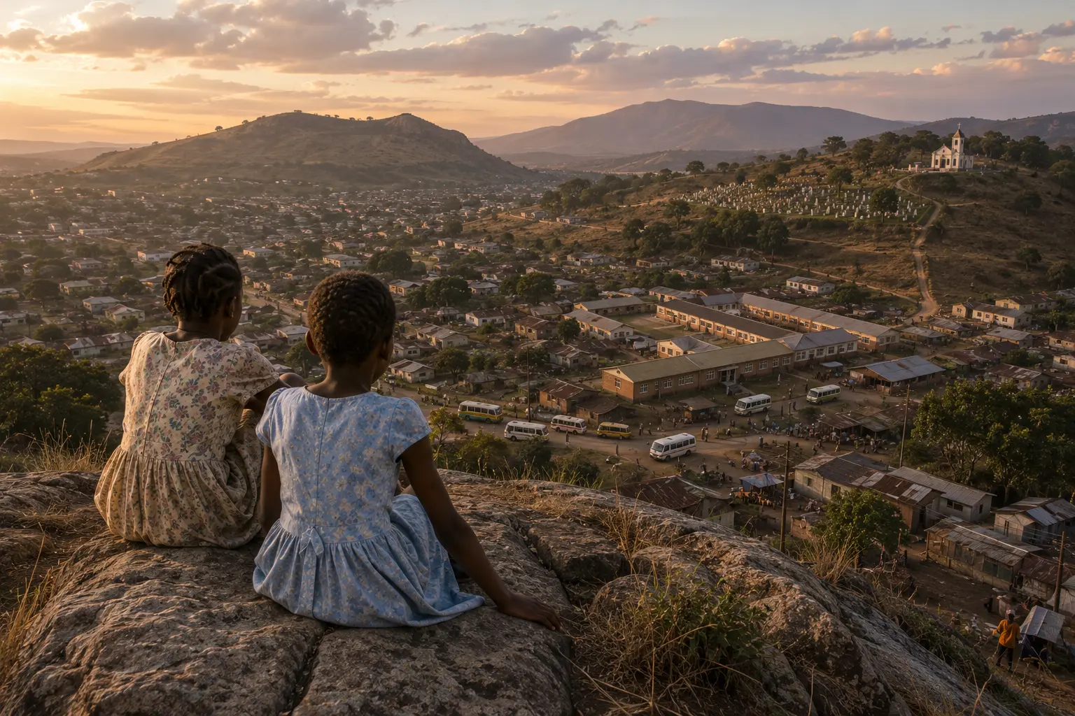Two girls sit on rocks overlooking Sakubva, with township buildings, roads, the cemetery and mountains stretching into the distance.