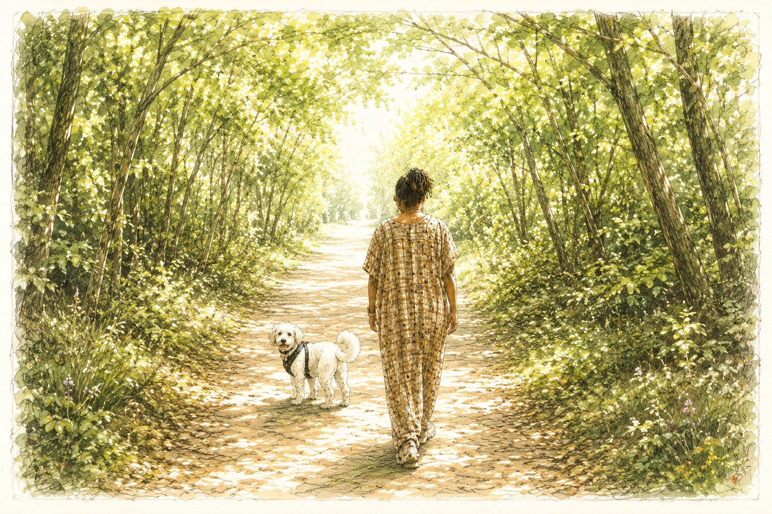 Yaya Nyari walking away down a dappled woodland path with Charlie, her small white dog, beside her, beneath a bright green canopy opening onto a clearing