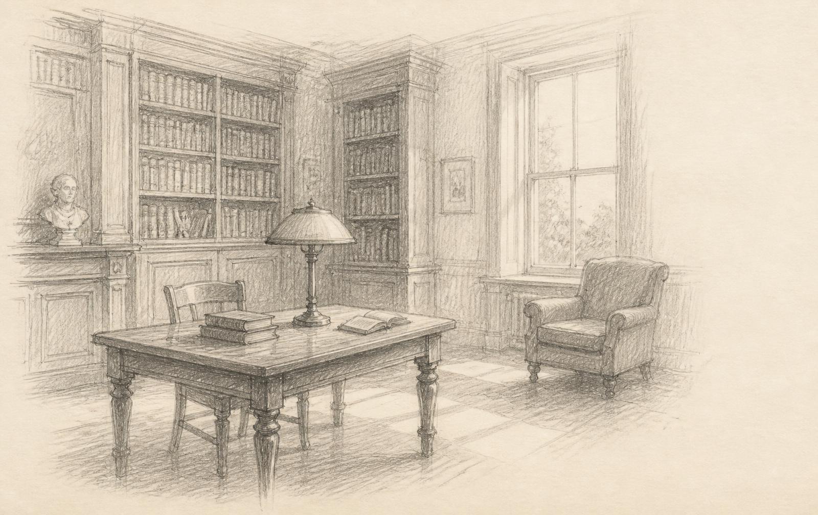 A pencil sketch of an old reading room with tall bookshelves, a reading table and a chair by the window