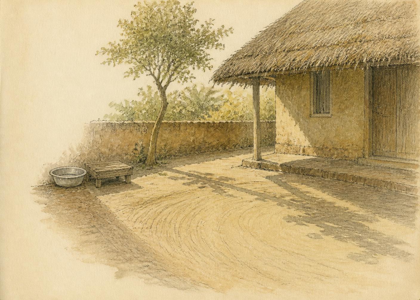 Pencil and watercolour drawing of a swept village yard in late afternoon, the arcs of a grass broom visible in the packed earth, a tin basin and low wooden stool at the edge, a thatched homestead casting long shadows