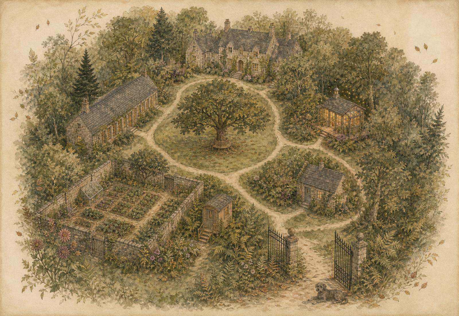 A hand-drawn watercolour map of the Yaya Nyari Literary Estate seen from above: a stone manor house at the top, a long library wing to the left, a lamplit garden studio to the right, a central courtyard with a great oak and a bench, walled kitchen garden beds, a writing hut, a small archive cottage, and an open iron gate at the bottom where a small grey dog rests.