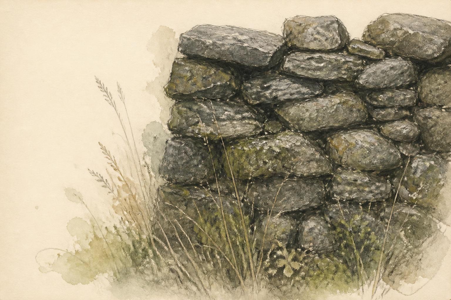 Pencil and watercolour study of an old dry-stone wall wet after rain, the stones darkened and mossed, wild grasses returning at its base and no horizon visible