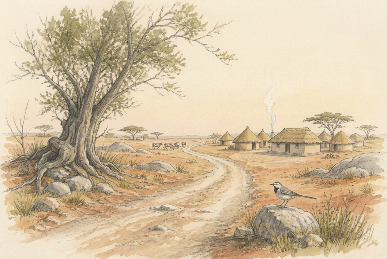 Pencil and watercolour drawing of the approach road to Dora Pindo in early light: a repaired dirt road curving away across dry red earth, an old msasa tree with exposed roots to one side, a cluster of thatched huts with a thin line of woodsmoke and cattle grazing beyond, a wagtail resting on a roadside stone. No people are in the frame.