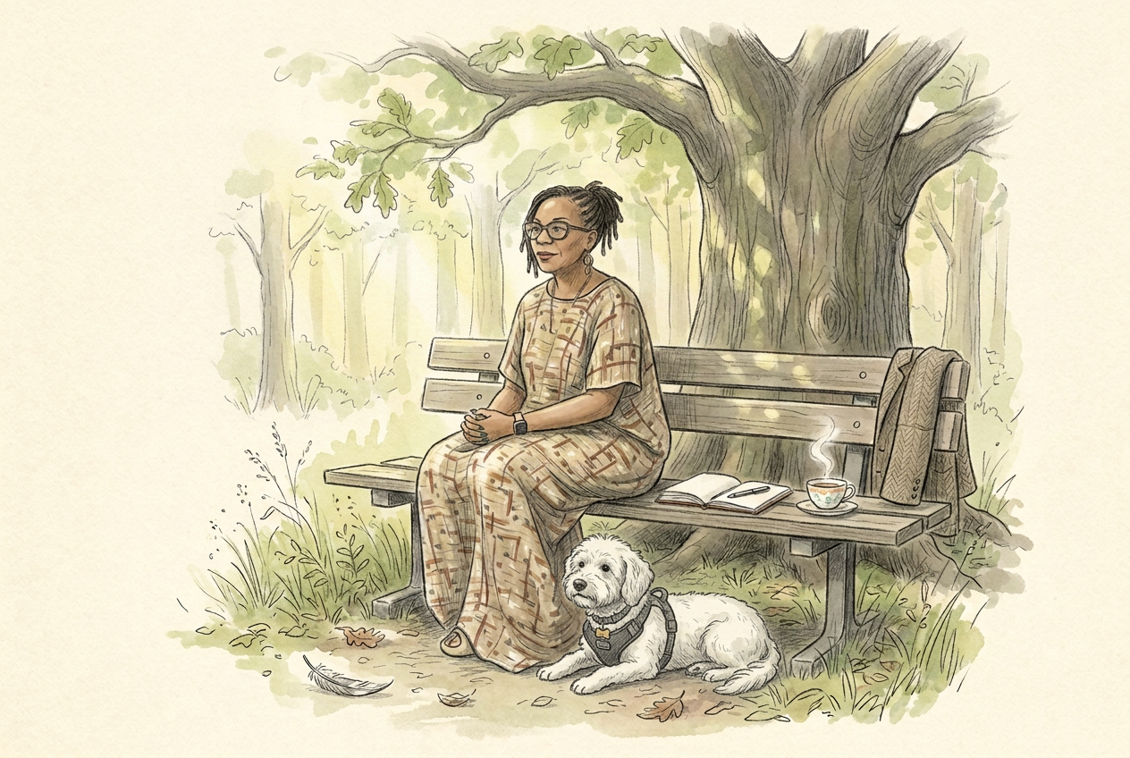 A pencil and watercolour illustration of Yaya Nyari sitting on a weathered wooden bench beneath a woodland tree, listening. An open notebook lies on the bench between her and an unseen visitor, suggested only by a coat sleeve and a teacup at the near edge. Charlie, the small white dog, sleeps at her feet among wild grasses, fallen leaves and a single feather.