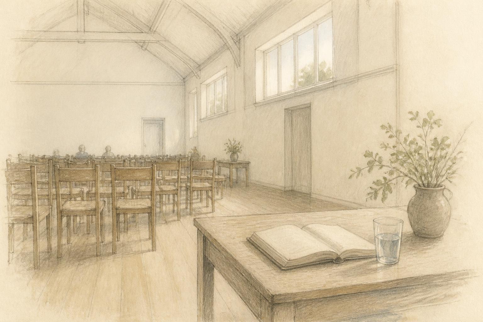 Pencil and watercolour drawing of a village hall seen from the side: rows of plain wooden chairs, a small table at the front holding an open book and a glass of water, afternoon light through high windows, a few indistinct figures seated far back