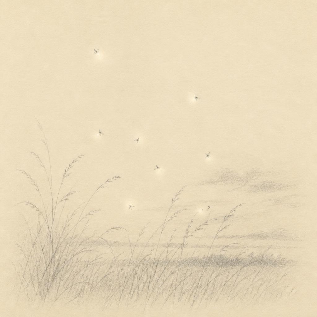 A sparse pencil illustration of fireflies drifting above long grasses