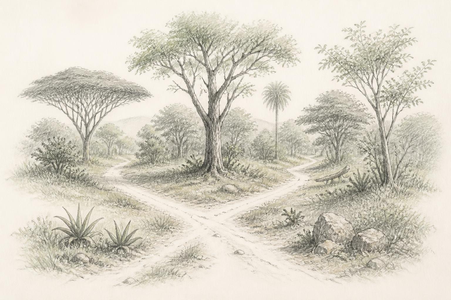 A pencil sketch of a woodland crossroads where four narrow footpaths lead away between indigenous trees