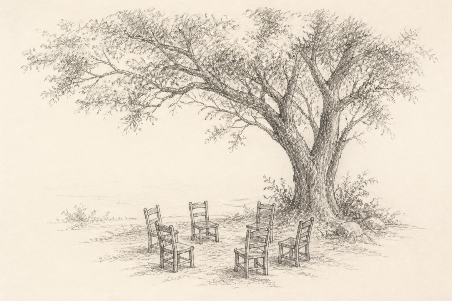 A pencil sketch of empty wooden chairs arranged in a circle beneath a broad indigenous tree