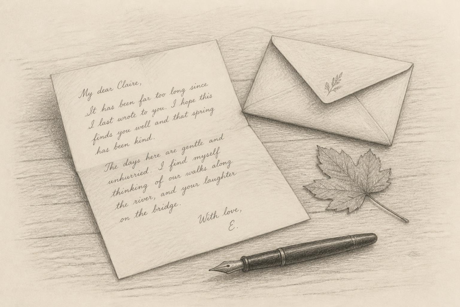 A pencil sketch of a handwritten letter, envelope, fountain pen and pressed leaf on a wooden table