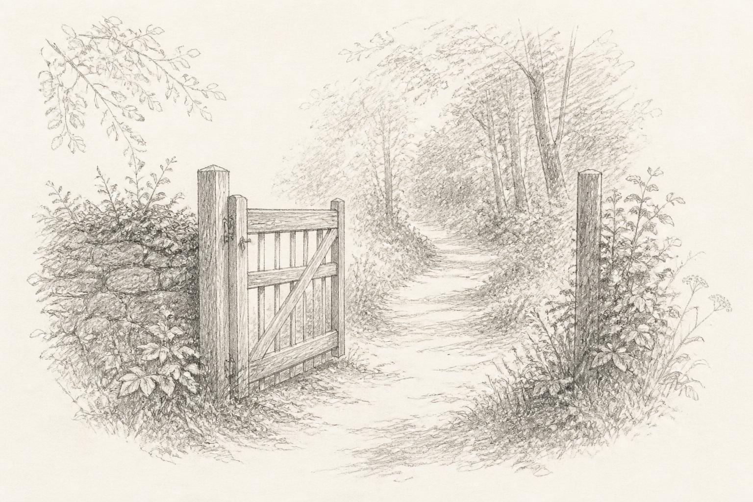 A pencil sketch of a simple wooden gate standing open at the edge of a woodland path