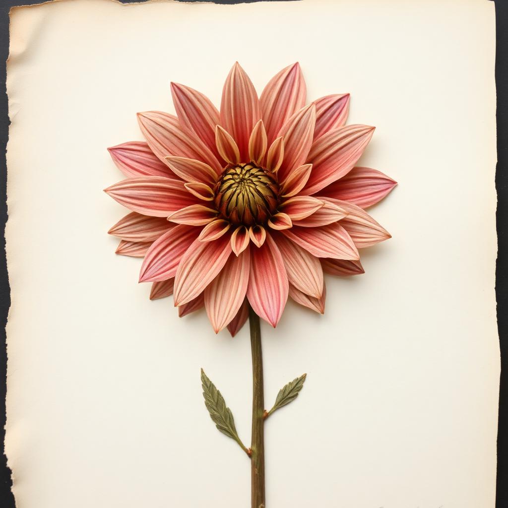 A dahlia pressed flat on aged cream paper, its dusty rose petals gone translucent with age, the stem and two small leaves still attached.