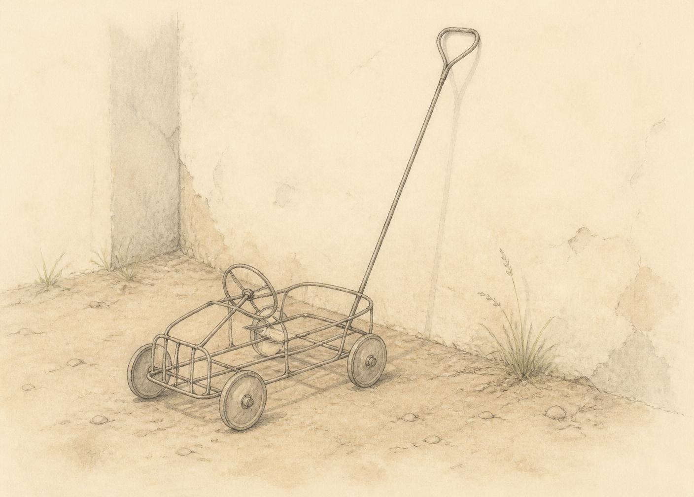 Pencil sketch of a hand-bent wire toy car left on packed earth, its long steering pole leaning against a plastered wall
