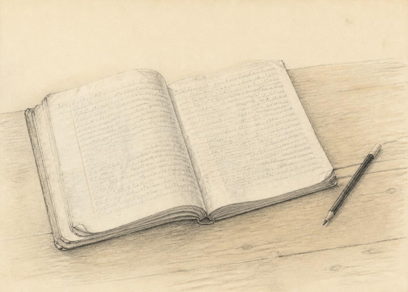Graphite sketch of a worn exercise book lying open on a plain wooden table, pages filled with dense handwriting, a pencil resting alongside