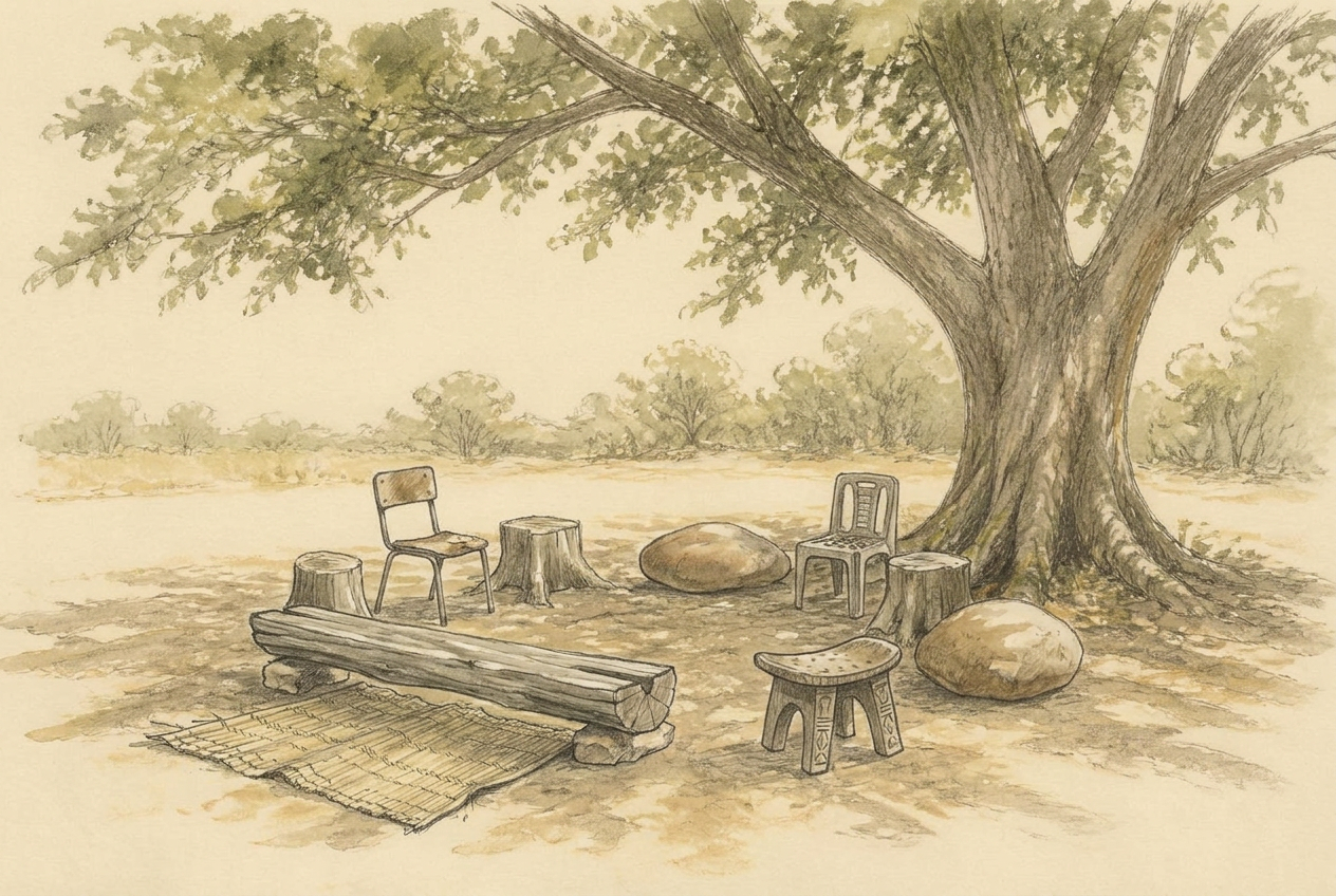 Pencil and watercolour sketch of an uneven circle of village seating standing empty on swept bare earth beneath a broad indigenous tree: hand-carved low stools, a weathered log bench, tree stumps, smooth boulders and a woven reed mat spread on the ground, one seat turned slightly outward