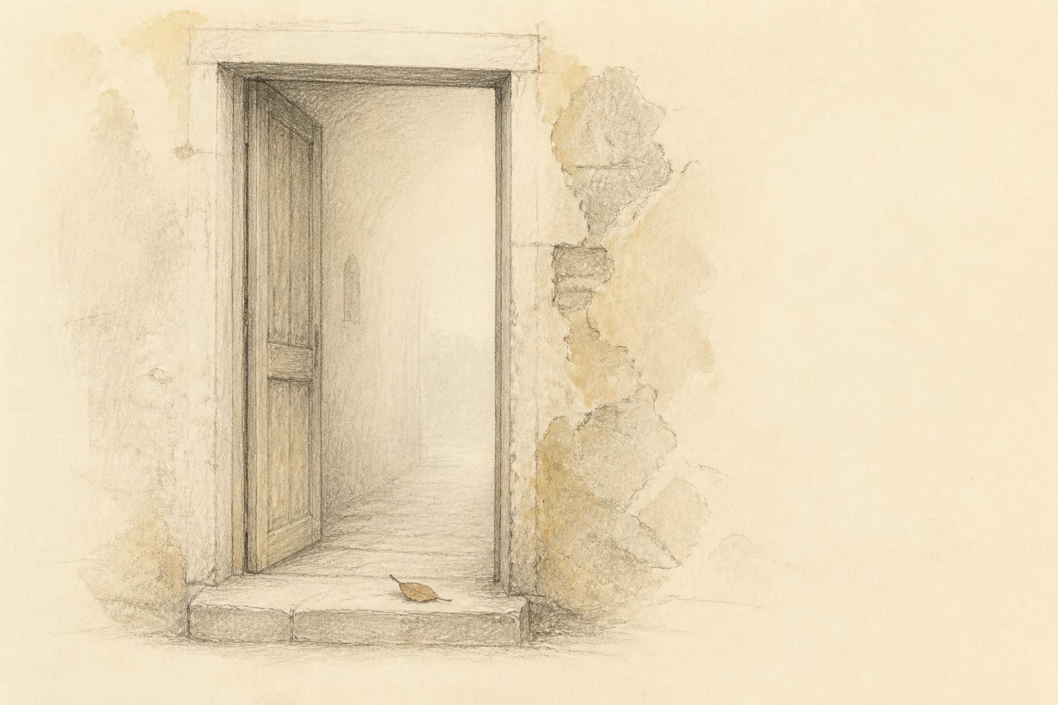 Soft graphite drawing with a faint watercolour wash of an open wooden door in a weathered wall, the interior beyond left unresolved, one fallen leaf resting on the threshold stone