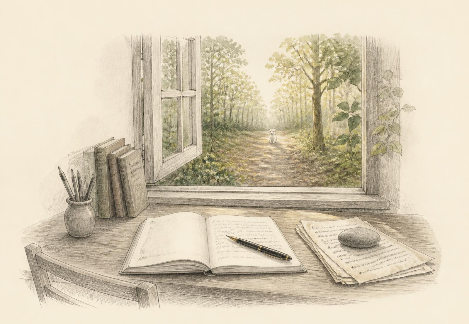 Pencil and watercolour illustration of an empty writing desk beside an open woodland window at first light. An open notebook lies on the desk with a fountain pen resting across the page, and a smooth stone holds down a stack of older handwritten pages. Beyond the window, the Estate path is lit by morning light, with Charlie the small white dog waiting further along it.