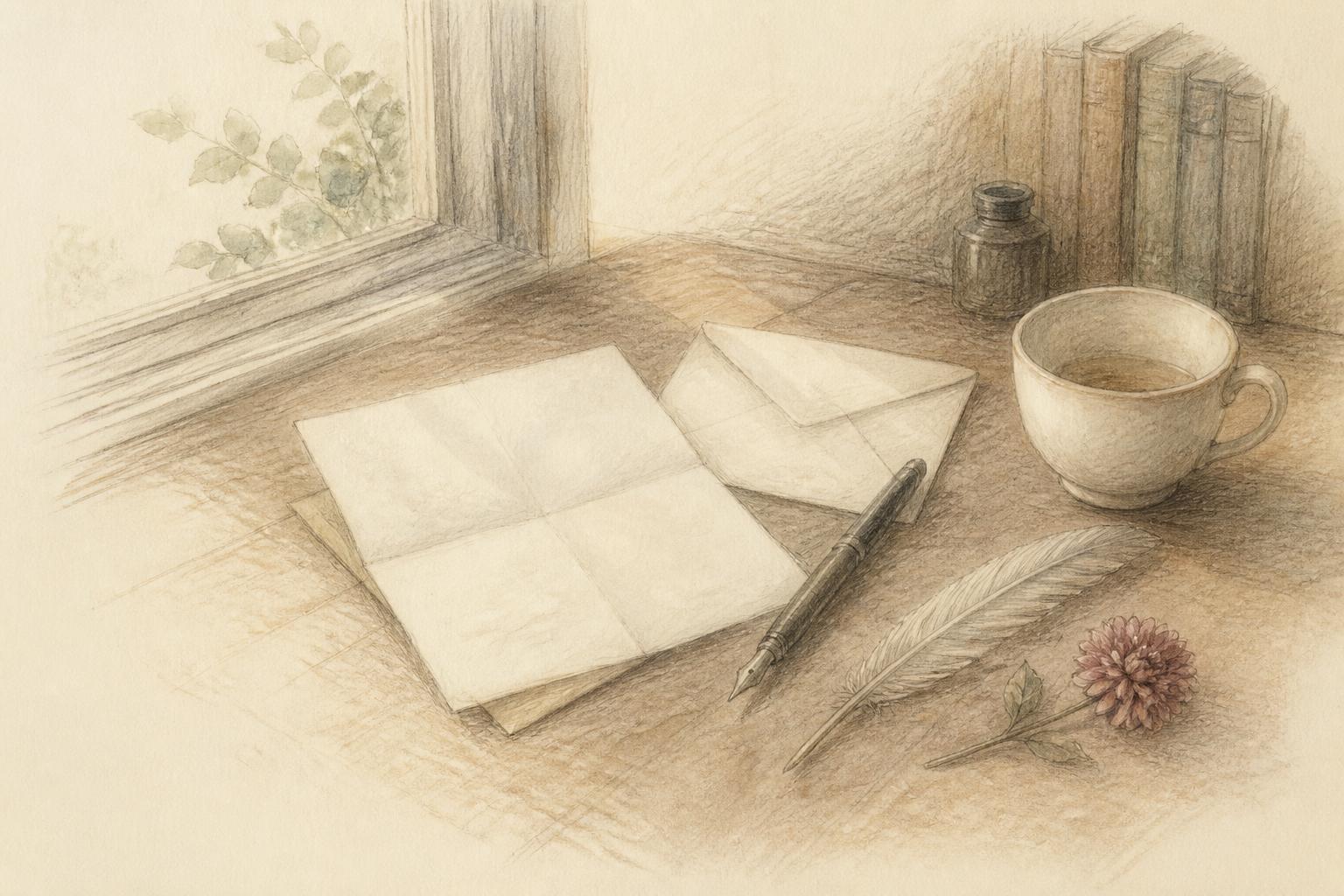 Pencil and watercolour drawing of a writing desk by a window: a folded letter and plain envelope, a fountain pen resting, a half-full teacup, one feather and a small dahlia laid beside them in early light