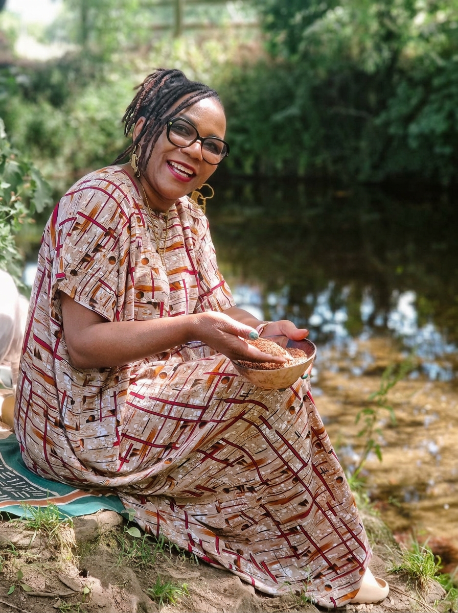 Yaya Nyari seated on the bank of a still, dark pond, smiling towards the camera and holding a shallow wooden bowl of grain in both hands. Soft daylight lifts her face while the reeds, trees and water behind her fall gently out of focus. Every crease and fold of her earth-toned patterned dress is visible, as is the grain of the turned wooden bowl.