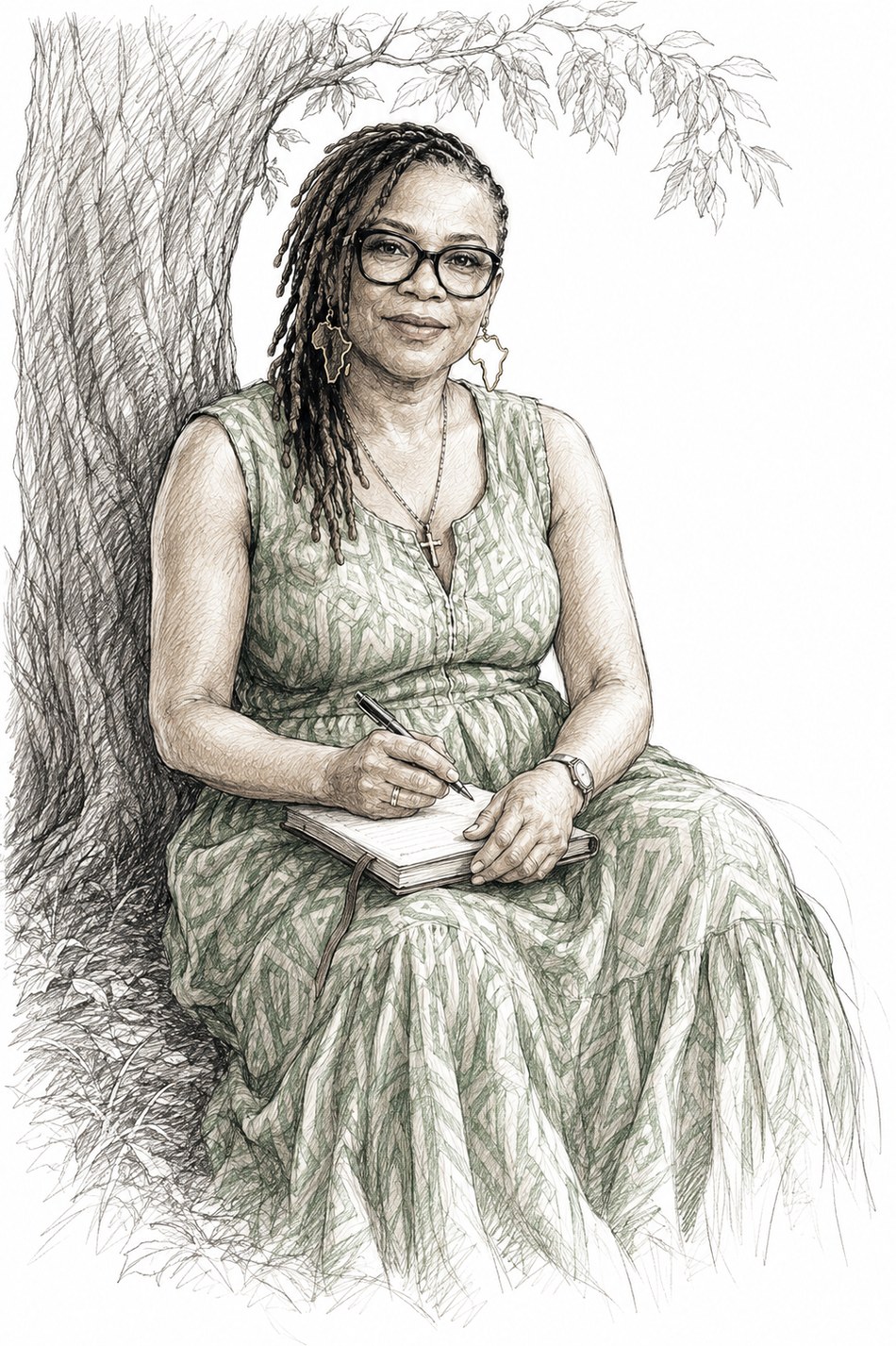 A graphite and green pencil sketch of Yaya Nyari seated beneath a tree, writing in a notebook
